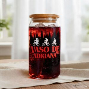 Vaso de cristal Mundo invverso con tapa de madera y pajita