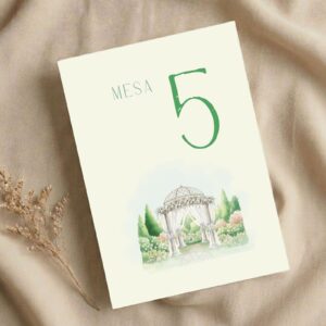 Número de mesa para bodas y celebraciones especiales modelo Jardín, con fondo blanco