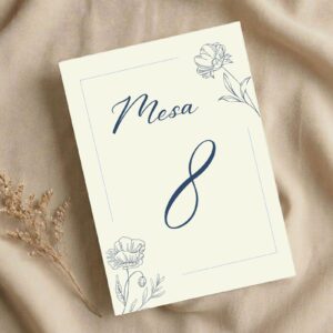Número de mesa para bodas y celebraciones especiales modelo Delicadeza Azul, con fondo blanco