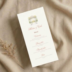 Minuta de menu para boda, celebraciones y eventos, modelo Bóveda, fondo blanco