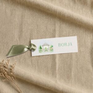 Tarjeta de asiento o marcasitios para bodas, eventos y celebraciones epeciles, Modelo Jardín con fondo blanco estilo botánico