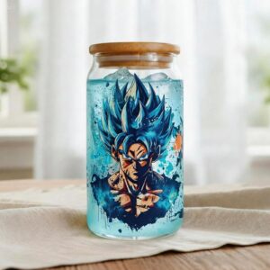 Vaso de cristal Goku con tapa de madera y pajita