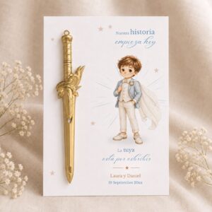 Bolígrafos de espada en azul, dorado y plateado para niños invitados.
