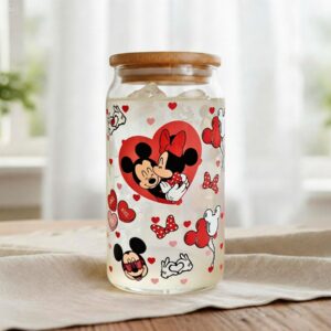 Vaso de cristal Mickey y Minie con tapar de madera y pajita