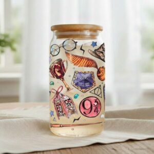 Vaso de cristla de Magia con tapa de mandera y pajita