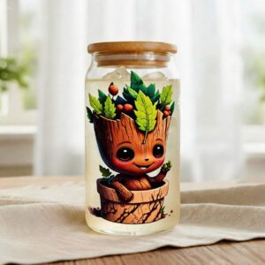 Vaso de cristal de Groot con tapa y pajita