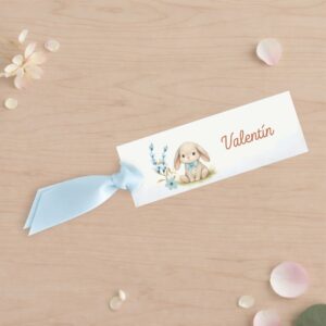 Tarjeta de asiento infantil para bautizo y celebraciones infantiles, con conejito, fondo blanco