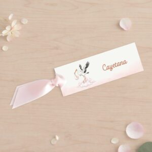 Tarjeta de asiento infantil para bautizo y celebraciones infantiles, con cigüeña, fondo blanco