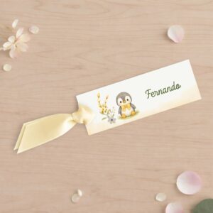 Tarjeta de asiento infantil para bautizo y celebraciones infantiles, Modelo Pingüino, fondo blanco