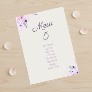 Tarjeta de seating plan blanca, floral, eventos modelo cáliz