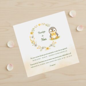 invitación de bautizo personalizada con pingüino en acuarela