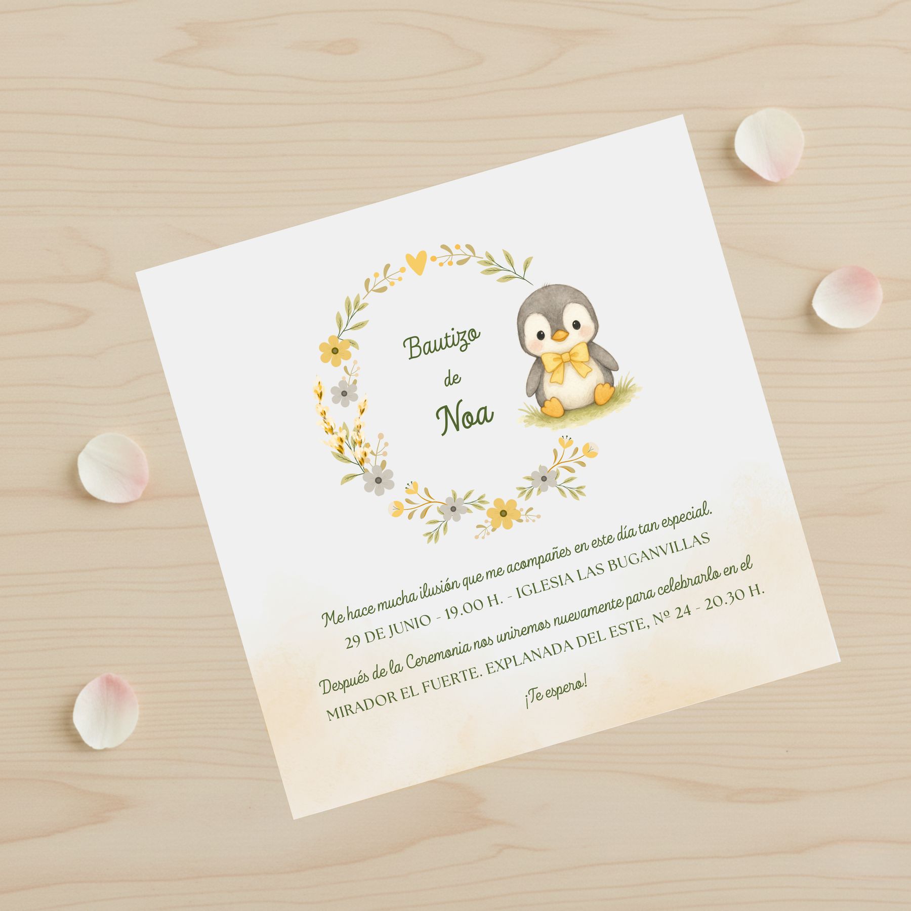 invitación de bautizo personalizada con pingüino en acuarela