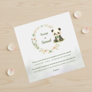 Invitación Panda personalizada para bautizo con ilustración infantil en acuarela