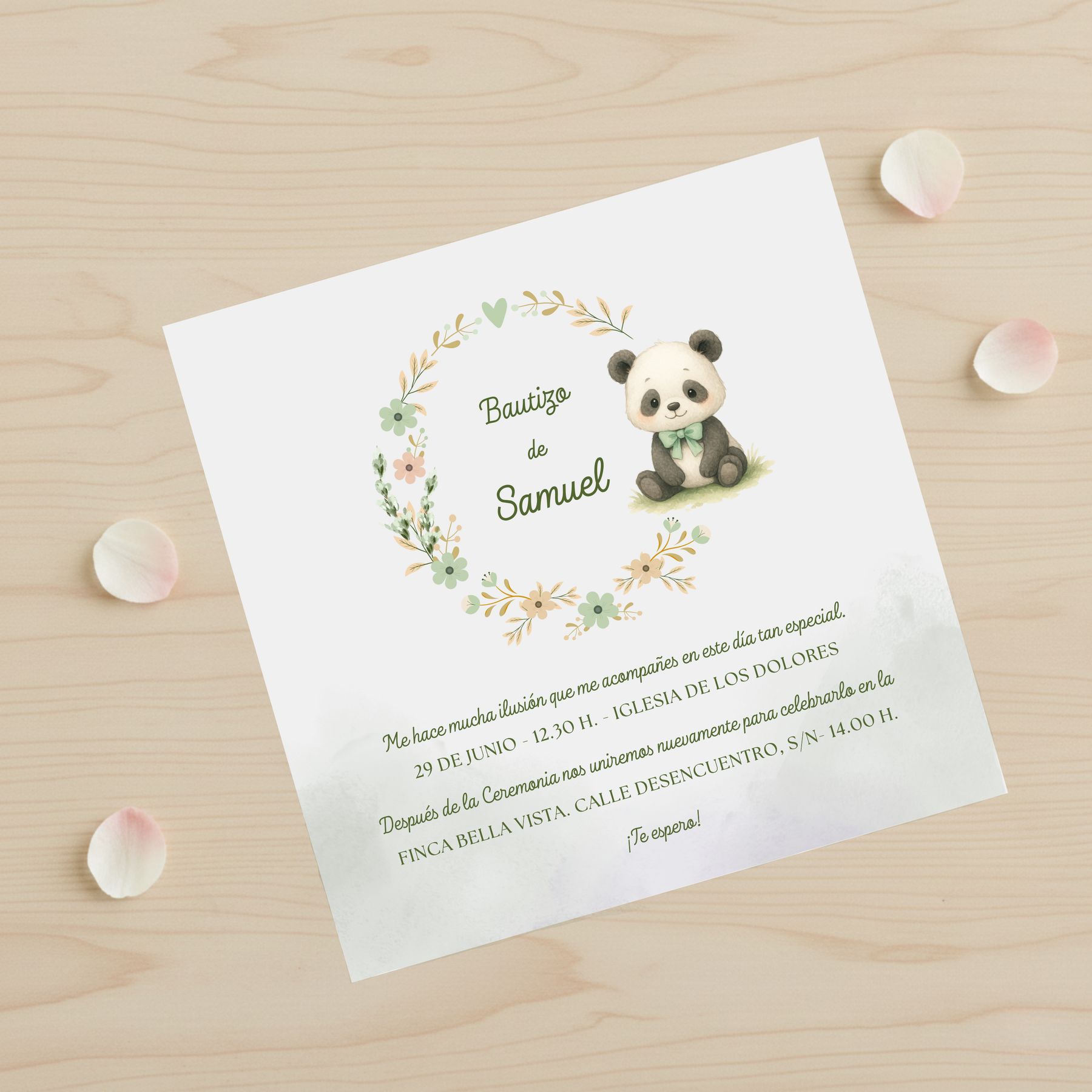 Invitación Panda personalizada para bautizo con ilustración infantil en acuarela