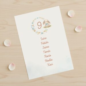 tarjeta de seating plan de conejito con fondo blanco para celebraciones infatiles