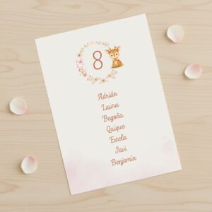 tarjeta de seating plan infantil para bautizos y cumpleaños con fondo blanco y ciervo