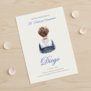Invitación de comunión personalizada modelo Marinero con ilustración de niño traje marinero