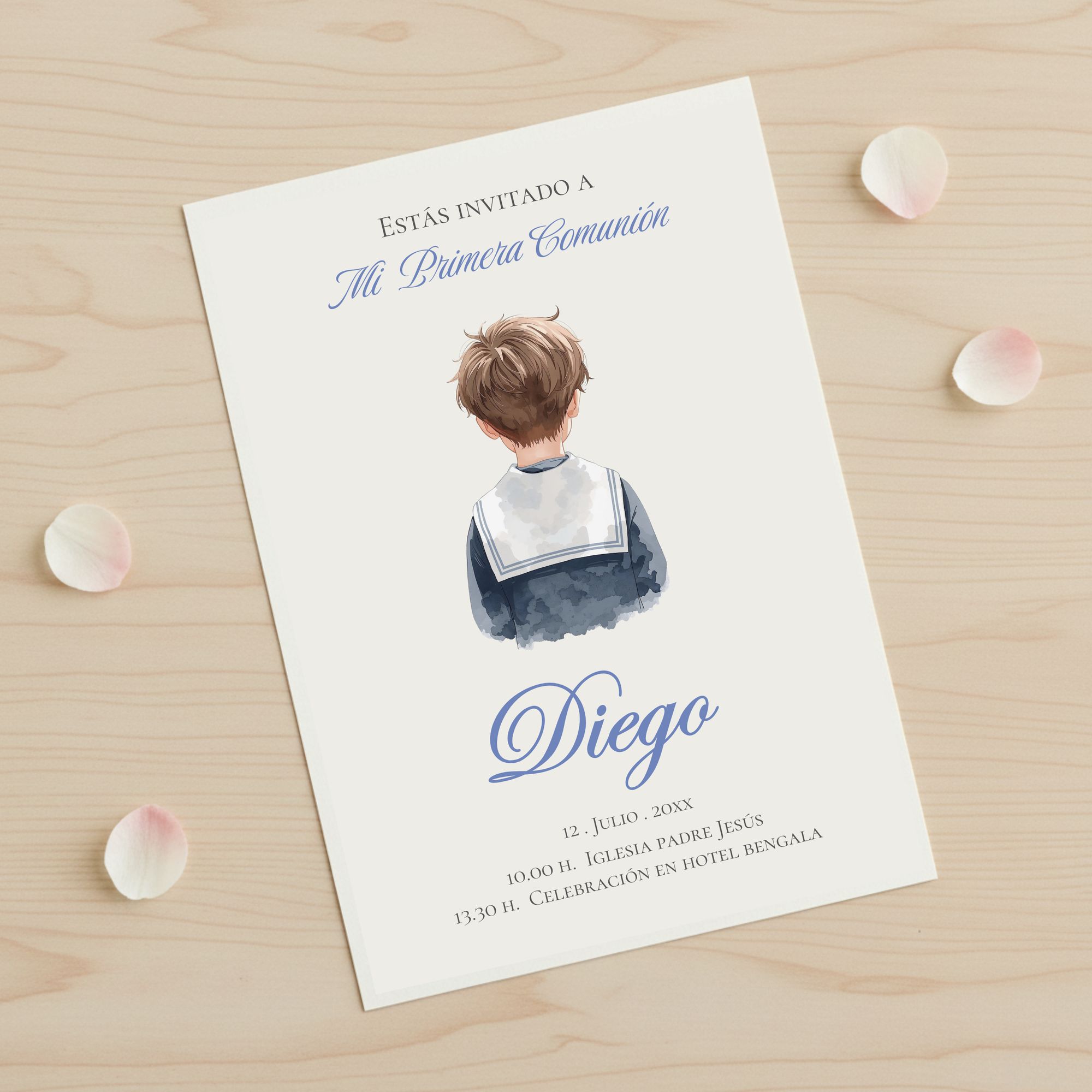 Invitación de comunión personalizada modelo Marinero con ilustración de niño traje marinero