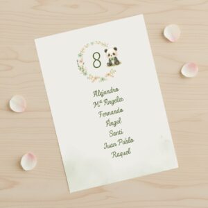 tarjeta de seating plan infantil o de bautizo con oso panda y fondo blanco
