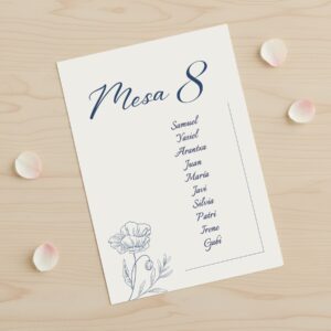 Seating plan fondo blanco modelo Delicadeza azul, para bodas y eventos