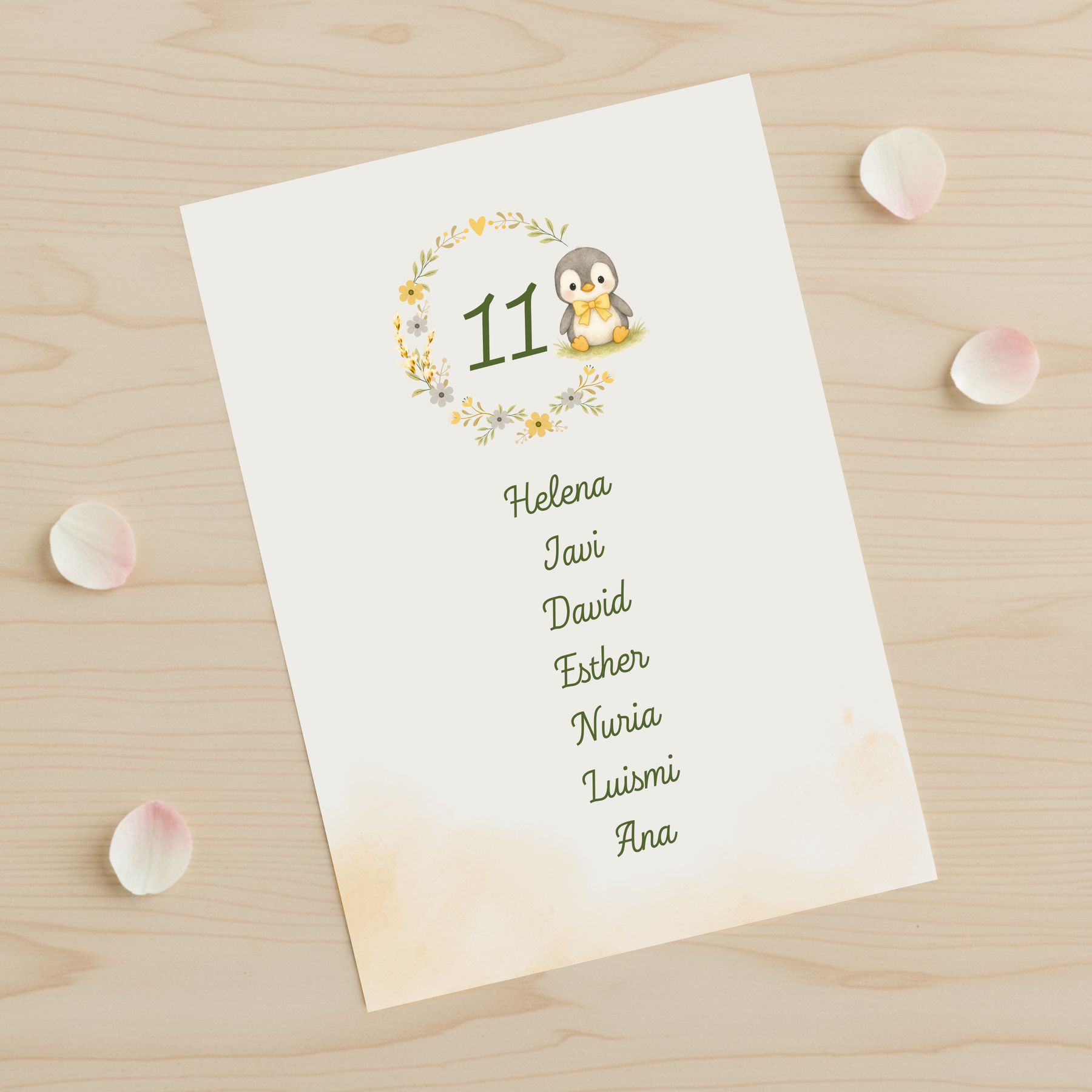 tarjeta de seating plan con tierno pingüino y fondo blanco