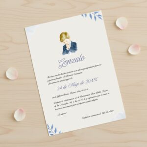 Invitación de comunión personalizada modelo Gonzalo con ilustración de niño rezando