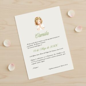 Invitación de comunión personalizada modelo Camila con ilustración de niña rezando