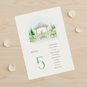 Seating plan modelo Jardín con fondo blanco, para bodas y otros eventos