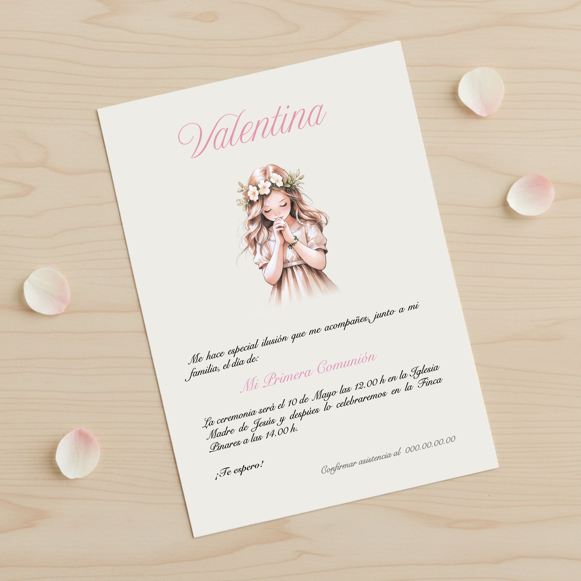 Invitación de comunión personalizada modelo Valentina con ilustración de niña rezando
