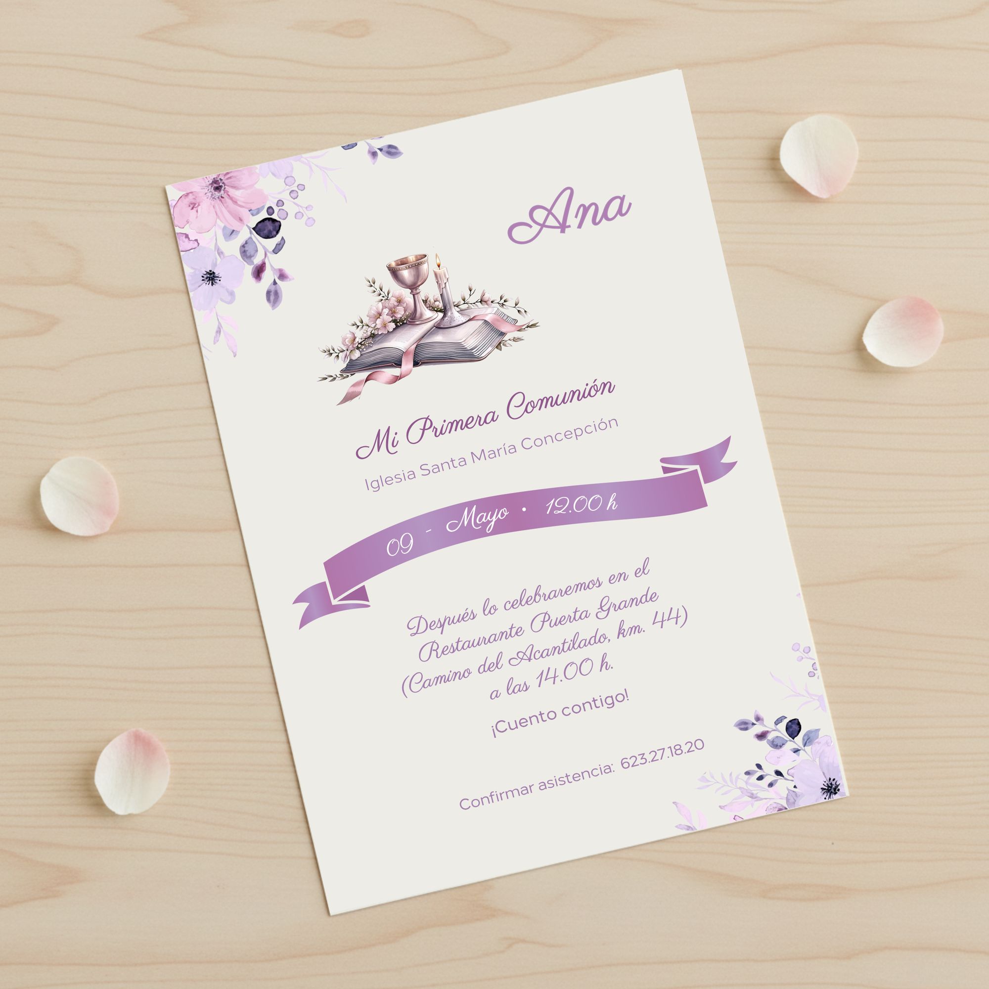 Invitación de comunión personalizada modelo Cáliz con ilustración floral y cáliz