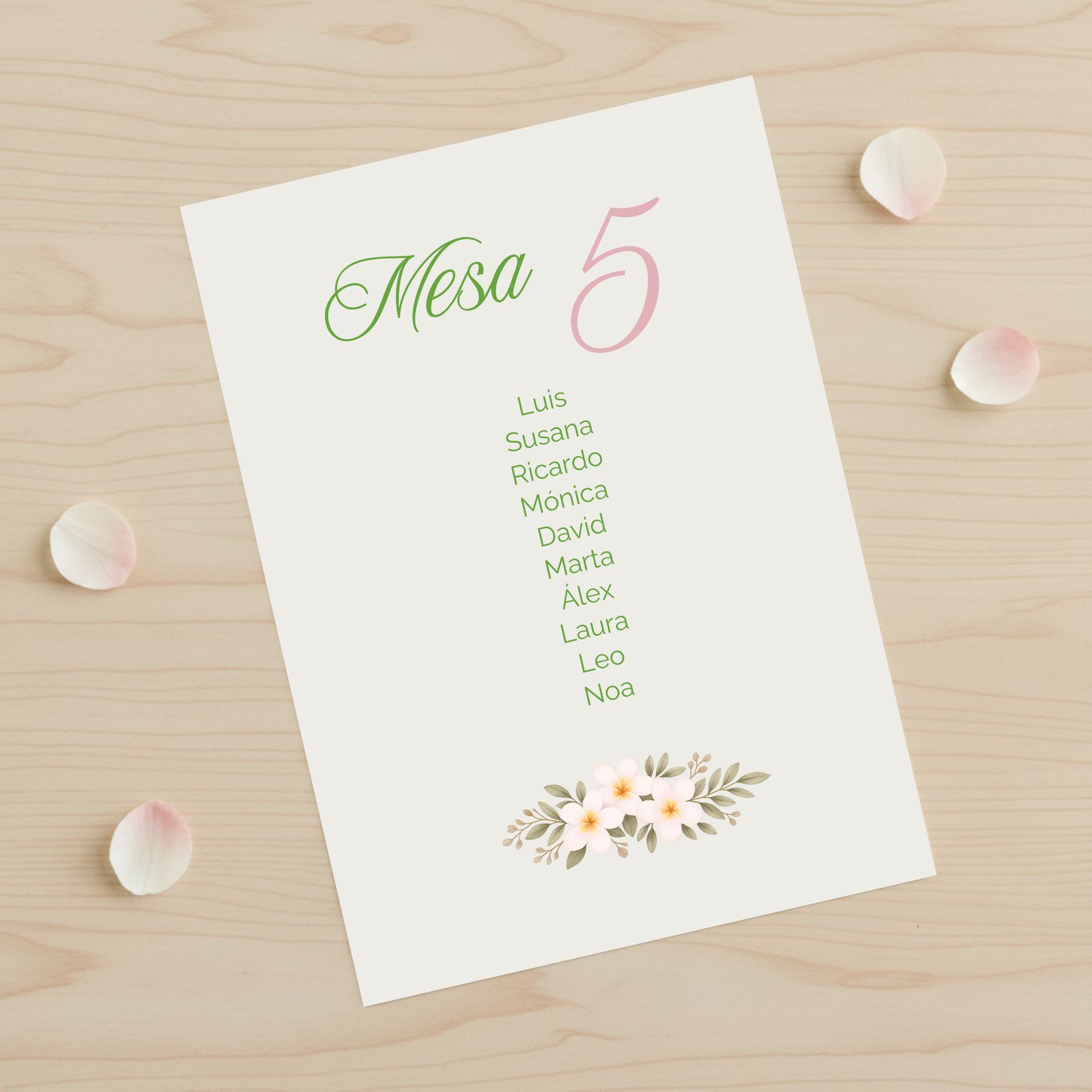 tarjeta de seating plan modelo valentina con fondo blanco