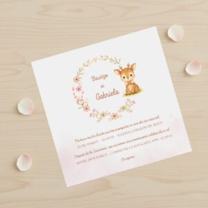 invitación de bautizo personalizada con ilustración de ciervo en acuarela