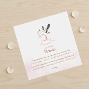 invitación de bautizo personalizada con ilustración de cigüeña