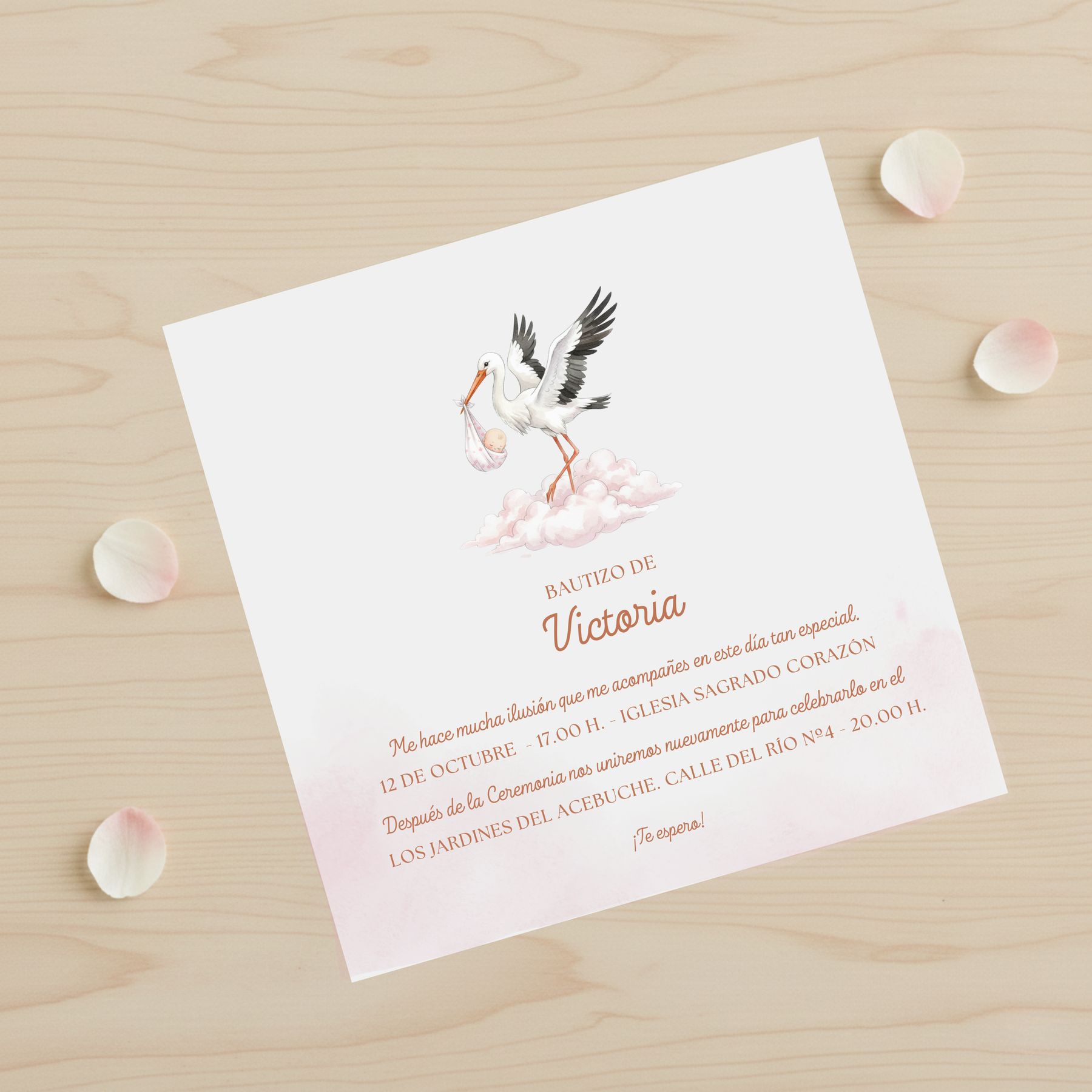 invitación de bautizo personalizada con ilustración de cigüeña