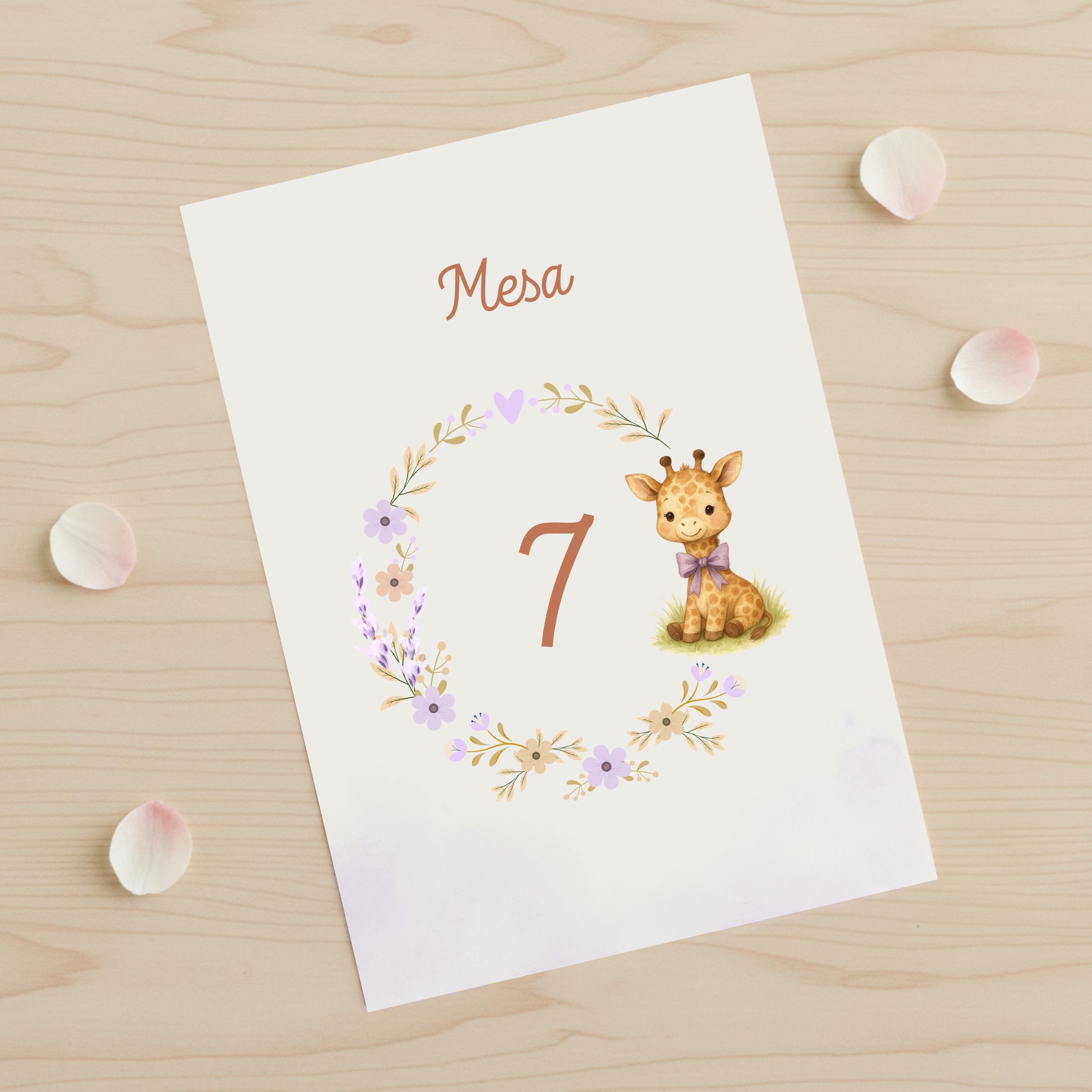 Número de mesa para bautizos y celebraciones infantiles, Modelo Jirafa con fondo blanco