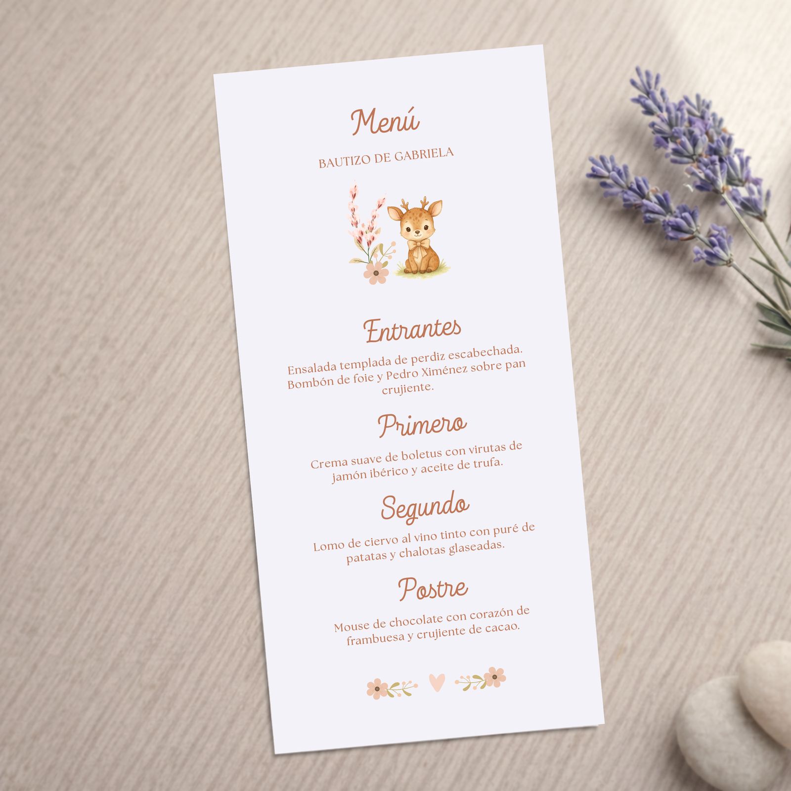 Minuta de menú infantil con ilustración animal, para bautizo y fiestas infantiles, modelo Ciervo con fondo blanco.