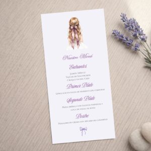 Miniuta de menú para comunión niña, color morado, modelo Carlota fondo blanco