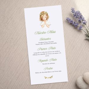 Miniuta de menú para comunión niña, modelo Camila con fondo blanco