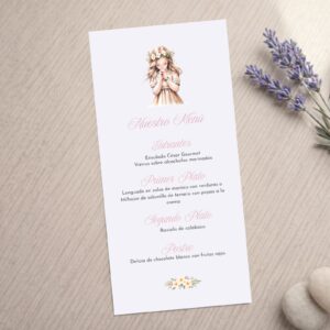 Miniuta de menú para comunión niña, modelo Valentina con fondo blanco