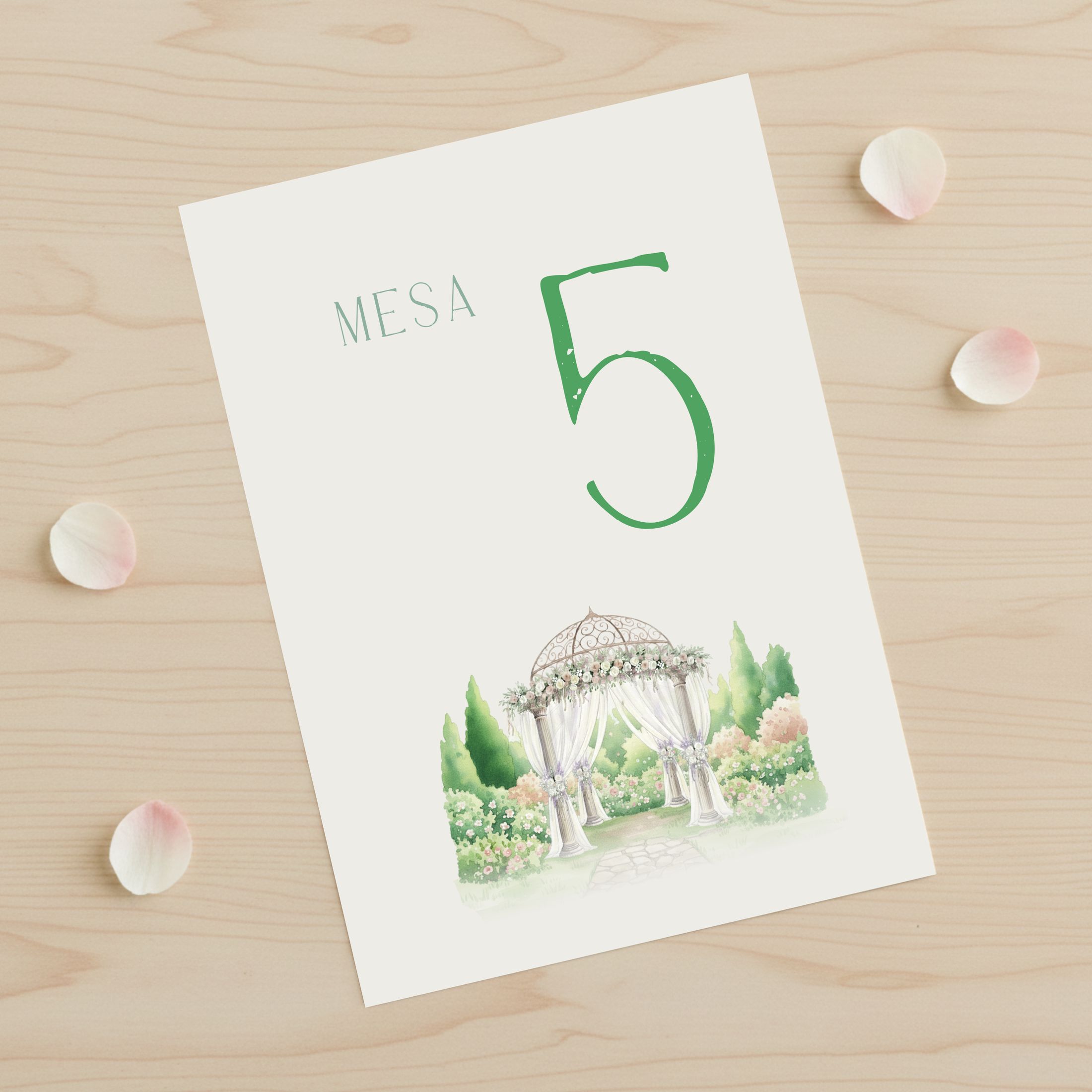 Número de mesa para bodas y celebraciones especiales modelo Jardín, con fondo blanco