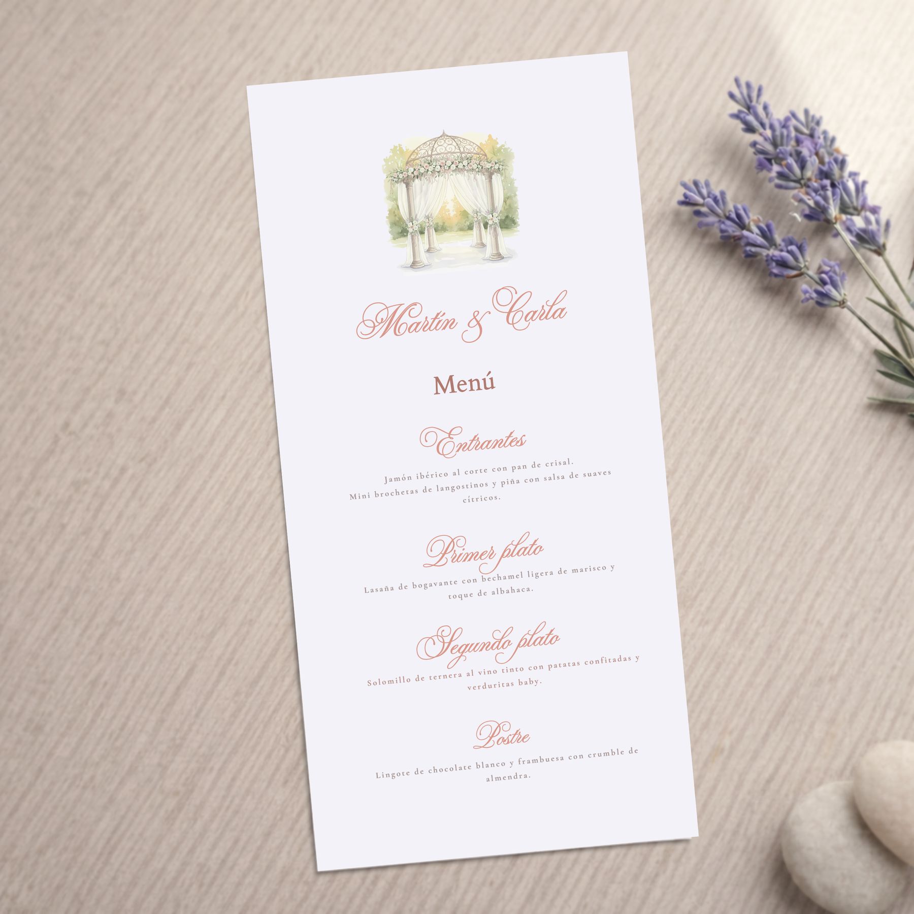 Minuta de menu para boda, celebraciones y eventos, modelo Bóveda, fondo blanco