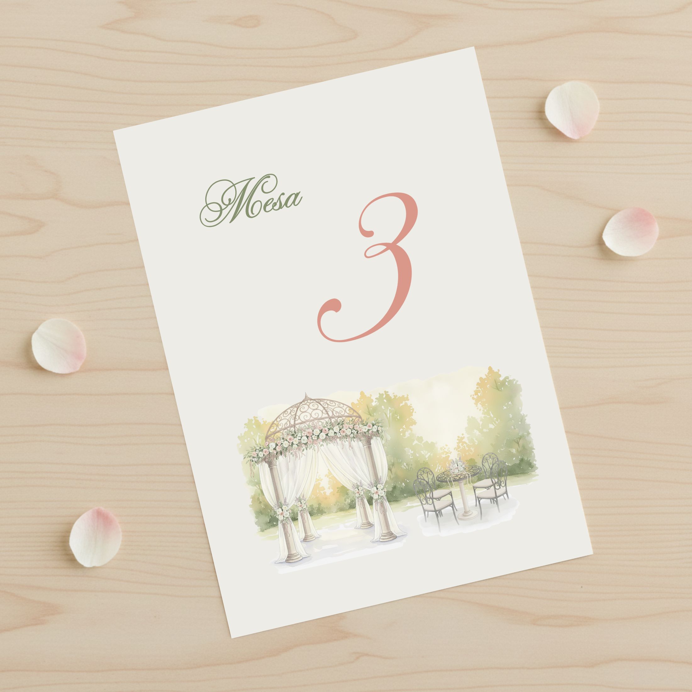 Número de mesa para bodas y celebraciones especiales modelo Bóveda, con fondo blanco