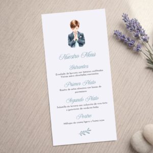Miniuta de menú para comunión niño, modelo Carlos con fondo blanco