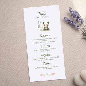 Minuta de menú de animales, modelo Panda, para bautizos y eventos infantiles