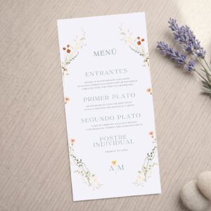 Minuta de menu para boda y eventos, modelo Floral, fondo blanco