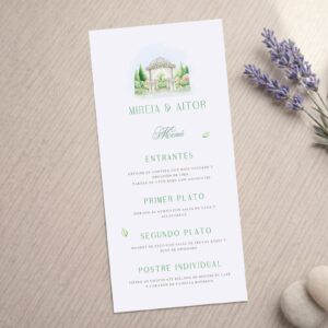 Minurta o tarjeta estilo botánico de menú para bodas y otros eventos, modelo Jardín con fondo blanco