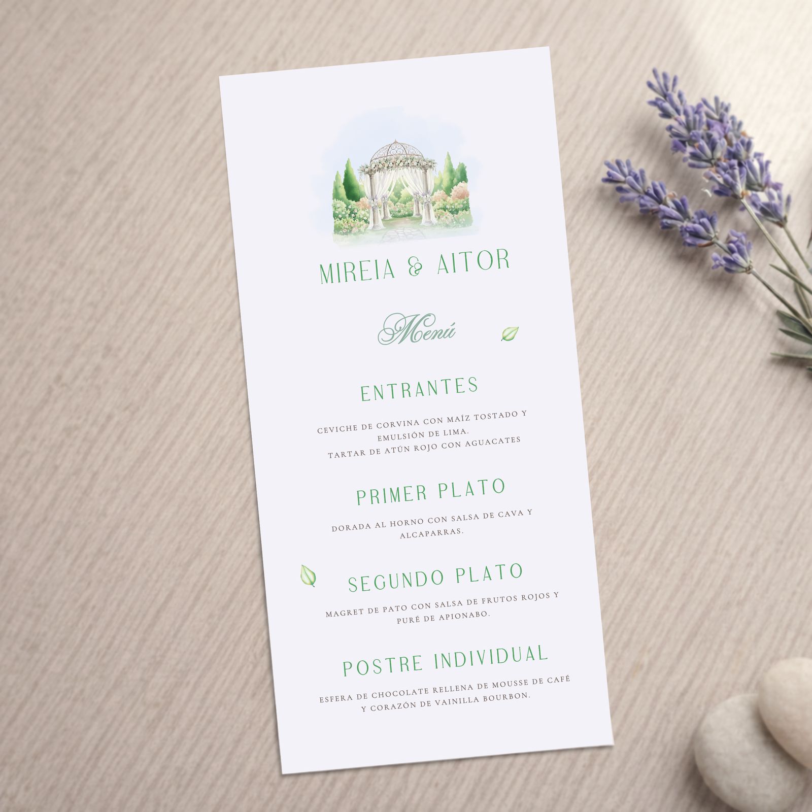 Minurta o tarjeta estilo botánico de menú para bodas y otros eventos, modelo Jardín con fondo blanco