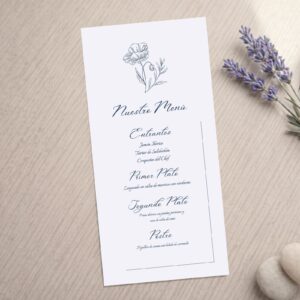Minurta o tarjeta estilo romántico de menú para bodas y otros eventos, modelo Delicadeza azul, con fondo blanco