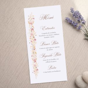 Minuta de menu para boda y eventos, modelo Guirnalda, fondo blanco