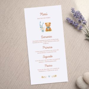 Menú infantil con ilustración animal, para bautizos y fiestas infantiles, modelo Osito con fondo blanco.